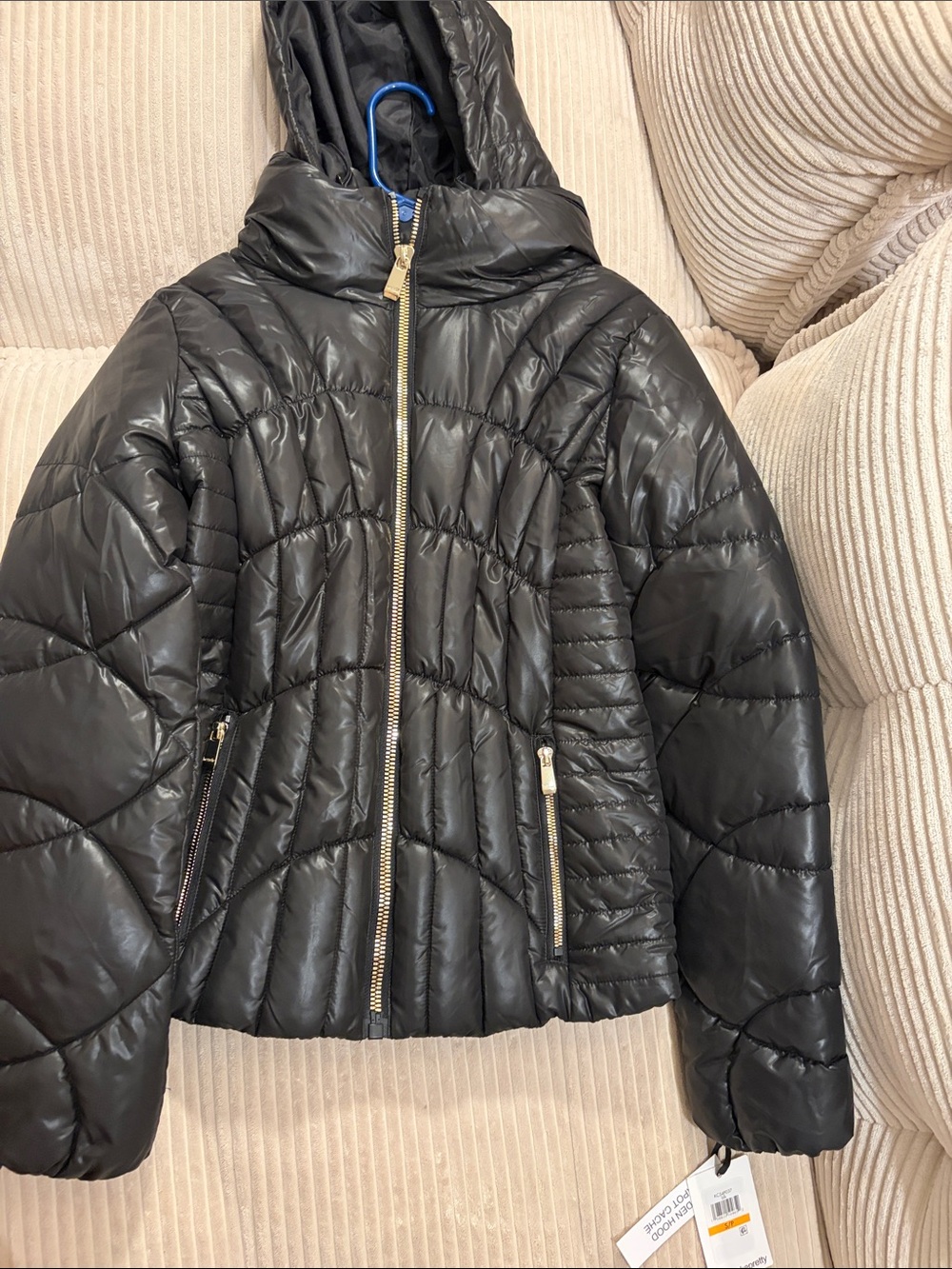 Kensie Black Quilted Hooded Puffer Jacket with Gold Zippers